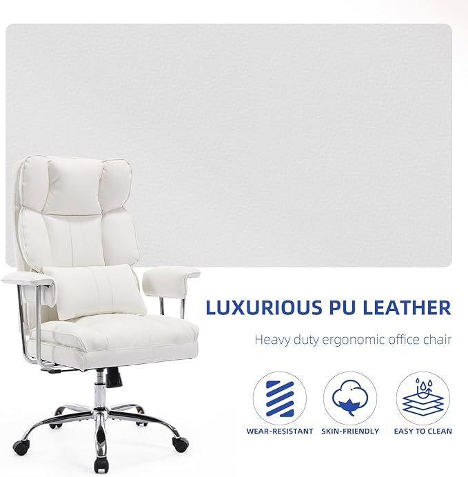 Big and Tall Office Chair 500lbs Wide Seat Executive Office Desk Chair High-Back Office Task Chair with,Ergonomic Lumbar Support Computer Office Chairs for Heavy People(White)-DeskLoop Office