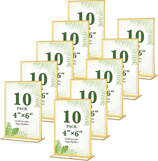 10 Pack Gold Acrylic Sign Holders 4x6 Inch, Double Sided Vertical Stand Clear by ALFFUN