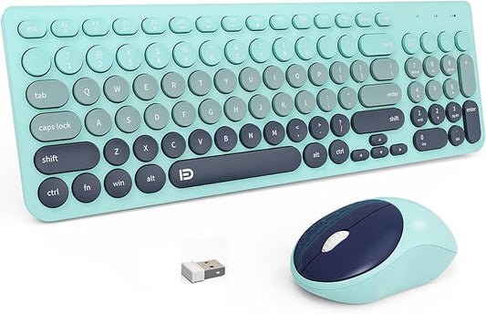 FD Wireless Keyboards and Mouse Combo - 2.4GHz USB Cordless, Cute Wireless Keyboard Round Keys, Quiet and Slim Set for Laptop, Computer, TV and Mac - Indigo Blue Colorful-DeskLoop Office