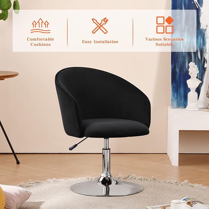 Furnimart Black Velvet Adjustable Height Vanity Chair, Swivel Makeup Chair for Living Room, Bedroom, Dressing Room-DeskLoop Office