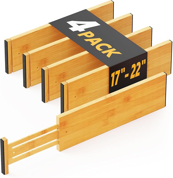 SpaceAid Bamboo 4 Pack Dresser Drawer Dividers, 4.65“ High Adjustable 17“-22” by SpaceAid