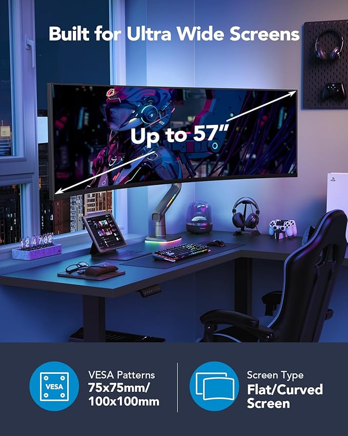 HUANUO RGB Monitor Arm for Ultrawide Screens up to 57″, Heavy-Duty Single Mount Holds 44 lbs, Fully Adjustable Gaming Monitor Arm with C-Clamp & Grommet Base, Max VESA 100 x 100mm-DeskLoop Office