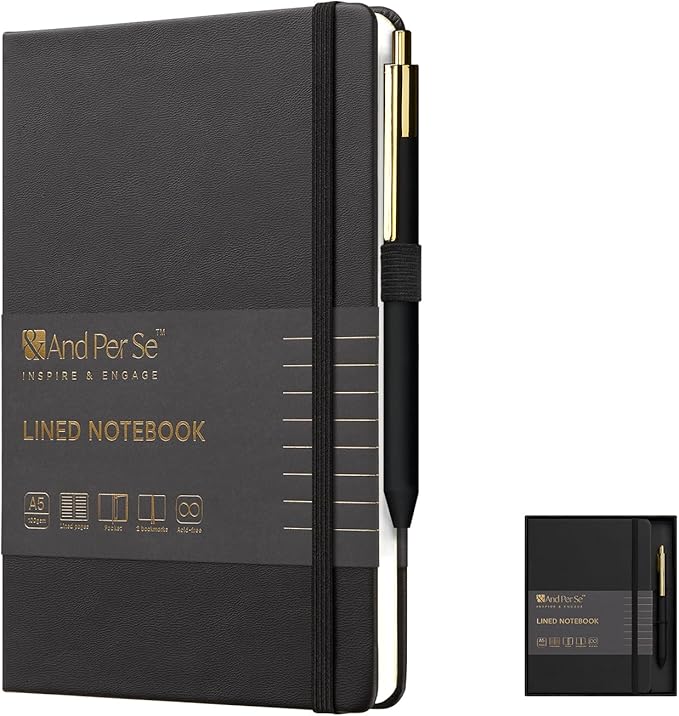 A5 Lined Leather Journal and Pen Set for Women&Men, Gift Box Included, Hardcover Notebook with 160 Pages 100GSM Thick Paper, for Work, Business, School or Home Writing(Black)-DeskLoop Office