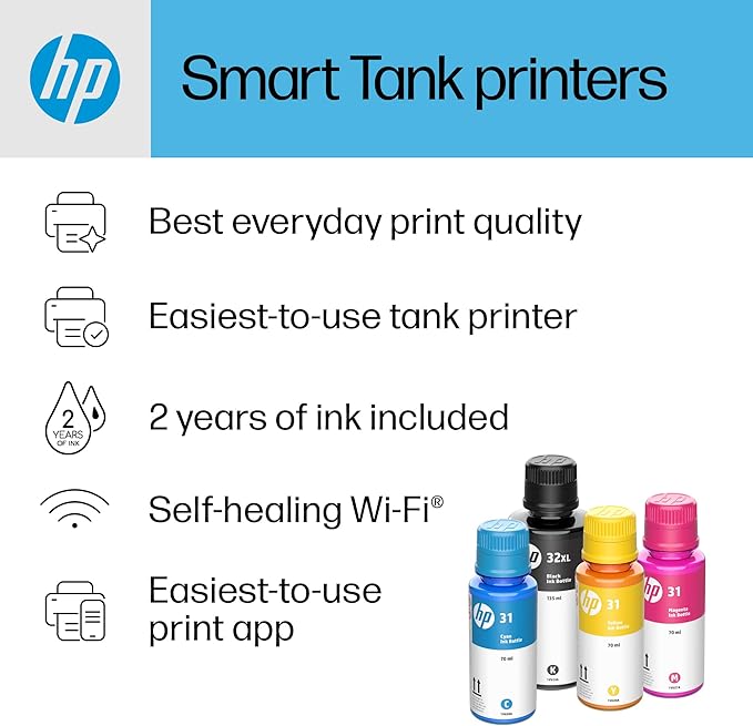 HP Smart -Tank Plus 651 Wireless All-in-One Ink -Tank Printer, up to 2 Years of Ink in Bottles, Auto Document Feeder, Mobile Print, Scan, Copy,, Fax, Works with Alexa (7XV38A)-DeskLoop Office