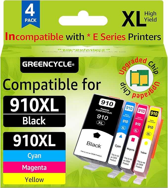 greencycle 910XL Ink Cartridges Replacement for HP Ink 910 910Xl Black and Color Combo Pack Compatible with OfficeJet 8010 8015 8018 8022,OfficeJet Pro 8020 8030 8025 8028 8035 Printer (BCMY-4 Pack)-DeskLoop Office