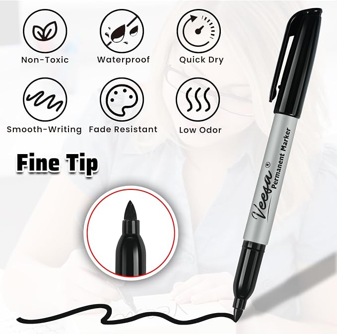 VEESA Black Permanent Markers, 75 Pack, Fine Tip | Waterproof, Quick Drying - Image 4