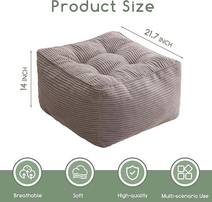 HIGOGOGO Square Stuffed Pouf Ottoman, Corduroy Poufs with Foam Chunk Filling, Furry and Fluffy Pouf Foot Stool Storage Ottoman, 21 X 21 Floor Poufs Foot Rest for Living Room, Grey-DeskLoop Office