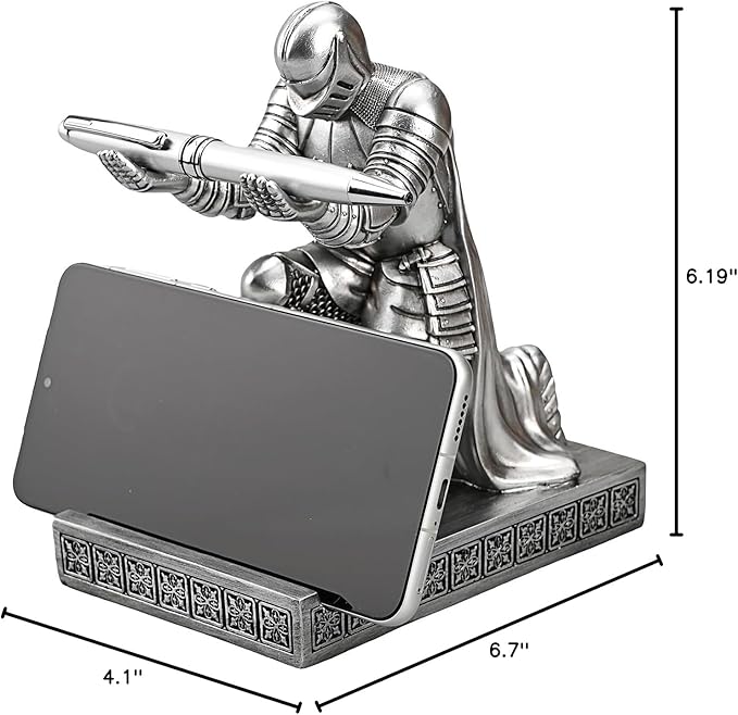 Windbreaker Soldier Knight Pen Holder Personalized Desk Accessory, Mobile Phone & Gaming Controller Holder, Device Stand Gift for Medieval Enthusiasts (Silver)-DeskLoop Office