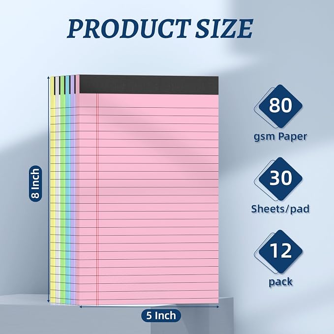 12 Pack 5 x 8 Inch Colored Legal Pads, 6 Bright Colors Double-Sided Lined - Image 2