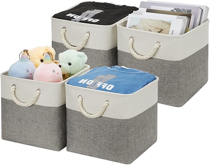 DULLEMELO Cube Storage Bins Set of 4 Fabric Storage Cubes Organizer Bin with Handles, Collapsible 12 Inch Cube Storage Baskets for Organizing, Closet, Shelf, Nursery (White&Grey)-DeskLoop Office