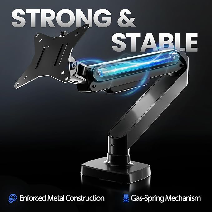 EVEO Premium Single Monitor Arm 14"–34", Adjustable Gas Spring Monitor Mount, Single Arm Desk Mount for 34 Inch Computer Screens, VESA Compatible Stand with Clamp and Grommet Base – Black-DeskLoop Office