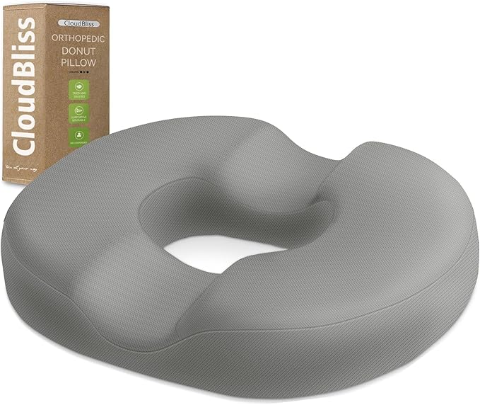 CloudBliss Donut Pillow Seat Cushion Chair Pad for Tailbone Pain Relief and Hemorrhoids, Memory Foam Seat Chair Cushion for Men and Women for Home & Office, (Light Grey-XL)-DeskLoop Office