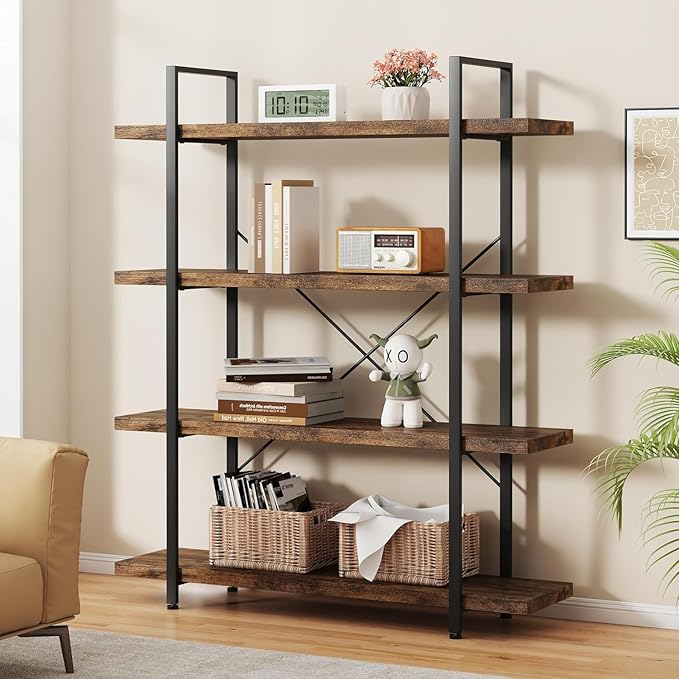 Heavy Duty 4-Tier Industrial Bookcase, 47" Wide Wood Bookshelf for Home Office, 120lbs Shelf Capacity, Rustic Open Shelving Display with Reinforced Horizontal Shelf for Living Room Bedroom-DeskLoop Office