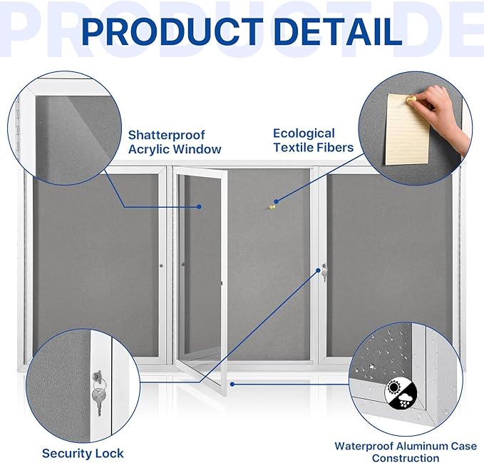 SWANCROWN Outdoor Bulletin Board 94x48in, Enclosed Bulletin Board with Locking Door for Office School Commerce, Grey Felt, Sliver Aluminum Frame-DeskLoop Office