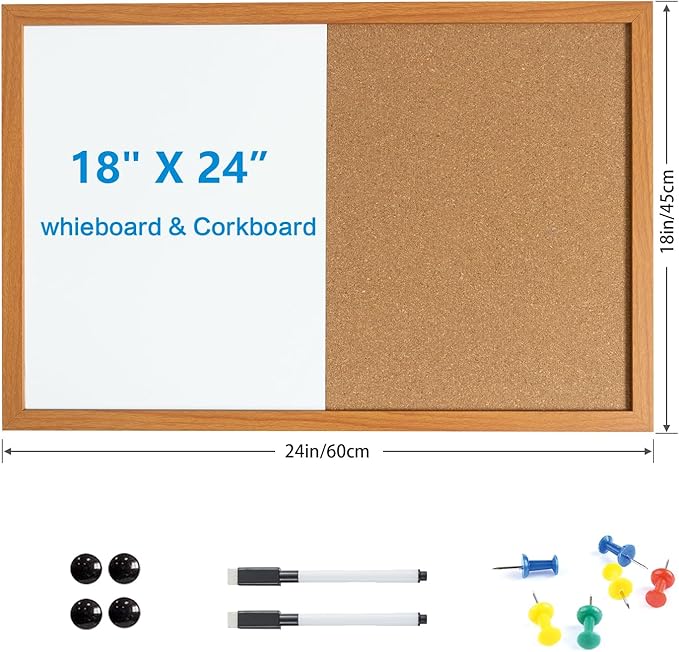 Combination Writeboard 24"x 18" Magnetic Whiteboard & Cork Board Dry Erase Board Bulletin Board Wall Mounted Wood Frame-DeskLoop Office