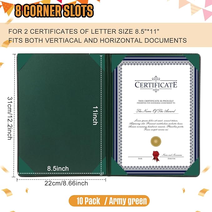 Tenare 10 Pcs Green Leather Certificate Holder 8.5 x 11 PU Phd Bachelor Master - Image 2