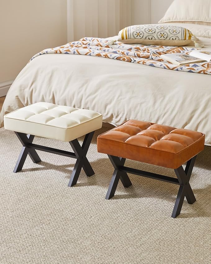 IBUYKE Small 12" H Footrest Stool, Square PU Foot Stool with Metal X-Leg, Multi-Use as Small Side Table, Step Stool for Living Room, Bedroom, Entryway, Office, White WBD012W-DeskLoop Office