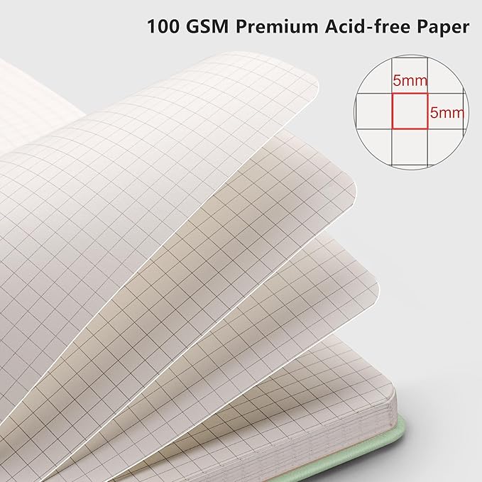 RETTACY Graph Grid Paper Notebook, 192 Pages, A5 Medium Size (5.7'' x 8.3''), 5 Squares per Inch, Leather Hardcover, 100 GSM Thick Paper, for School, Students, Math, Engineering (Light Green)-DeskLoop Office