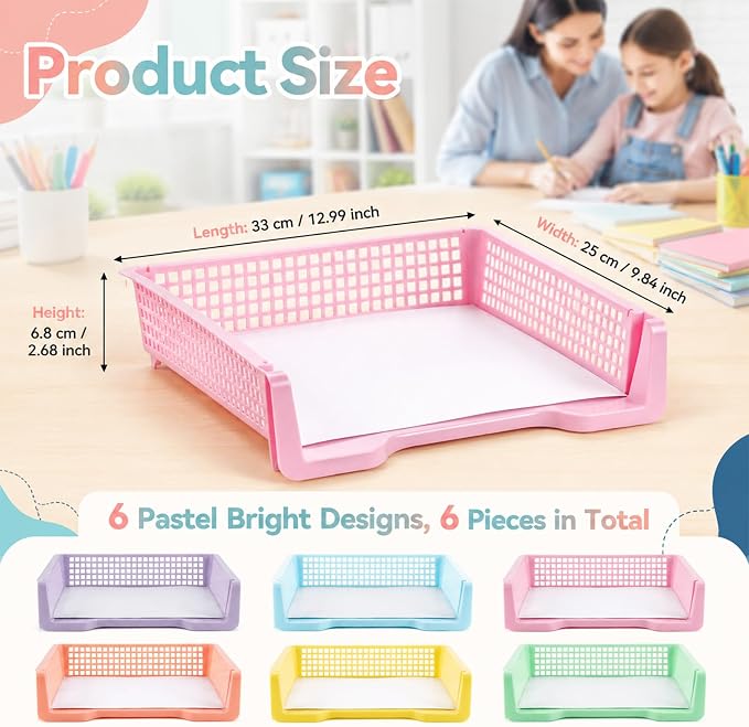 Set of 6 Pastel Turn in Trays for Teachers Stackable Classroom Paper Letter - Image 2