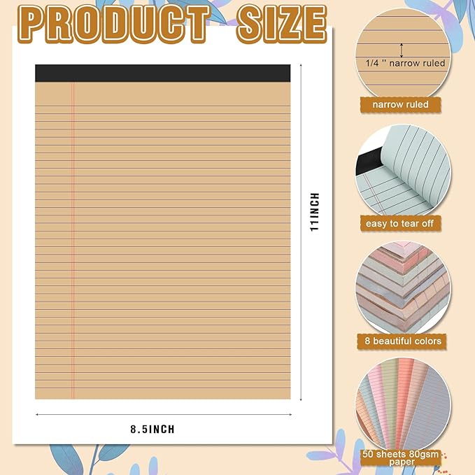 Fuutreo 8 Pcs 8.5'' x 11'' Colored Legal Pad Writing Pads Narrow Ruled 50 Sheets Per Notepad Perforated Writing Notepad Office Supplies for College Office Business (Advanced Grey)-DeskLoop Office