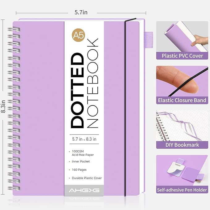 AHGXG Bullet Dotted Journal - Dot Grid Spiral Notebook A5, 160 Pages, 100 GSM Thick Paper, Waterproof Plastic Cover Journals for Bullet Journaling, Sketching, 5.7" x 8.3", Purple-DeskLoop Office
