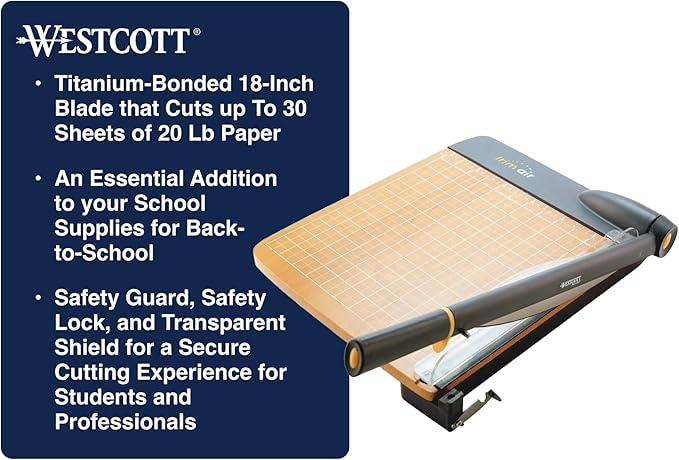 Westcott TrimAir Guillotine Paper Cutter, Paper Trimmer with Sharp and Durable Titanium-Bonded Blade, Maximum Safety Features, 18-Inch, Back to School, School Supplies, Classroom-DeskLoop Office