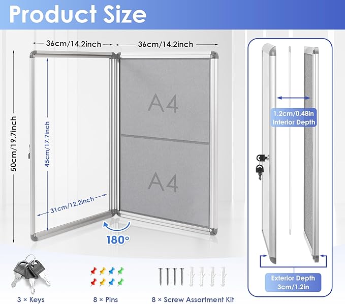SWANCROWN Enclosed Bulletin Board Lockable Noticeboard Case with Aluminium Frame,Grey Felt, 20x14inch (2xA4)-DeskLoop Office