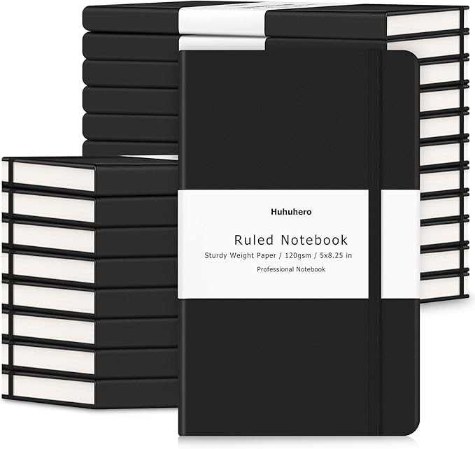 Huhuhero Lined Journal Notebook, 20 Pack Hardcover College Ruled Notebooks for Work School Note Taking, 120 Gsm Thick Paper Journals for Writing, Office School Supplies, 5"×8.25", Black-DeskLoop Office