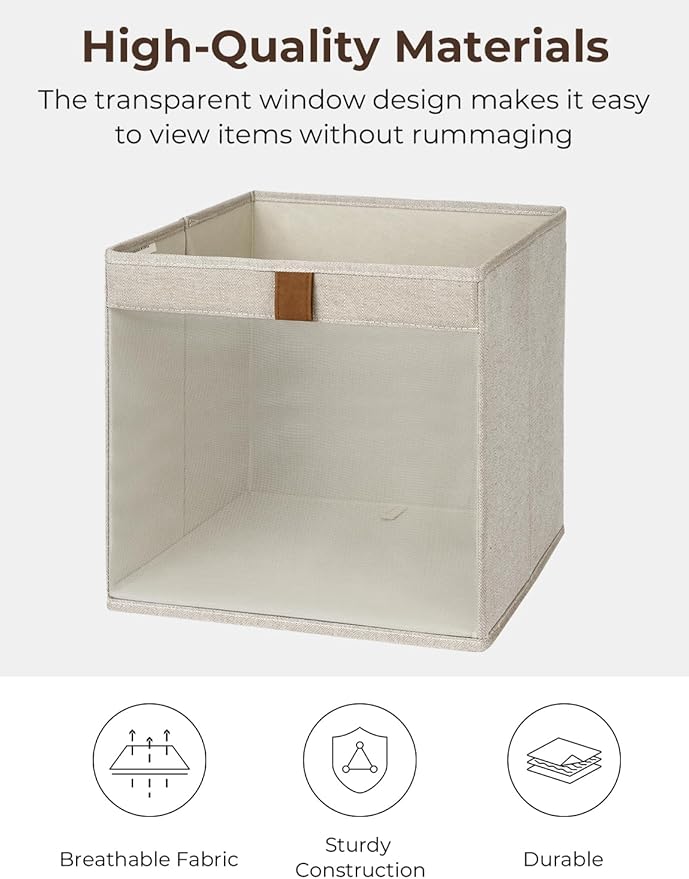 StorageWorks 13x13 Storage Cubes, Closet Storage Bins with Clear Window, Large Fabric Organizer for Clothes, Collapsible Storage Baskets with PU Handles, Brown and Beige, 3-Pack-DeskLoop Office
