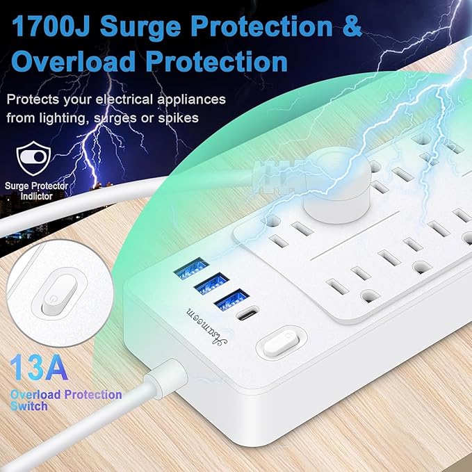 25 FT Power Strip with Surge Protection 1625W/13A, 14 Outlets and 4 USB Ports (1 USB-C), 16AWG, 1700J Flat Plug, White, ETL Listed-DeskLoop Office