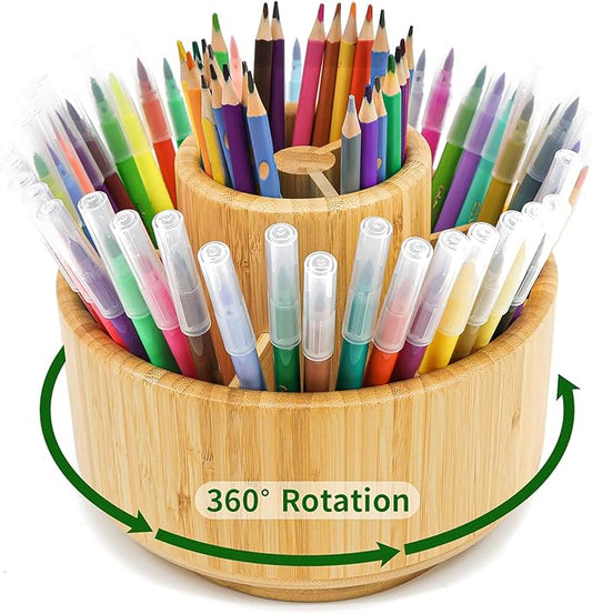 VaeFae Bamboo Pen Holder Organizer, 360° Rotating Art Supply Organizer, Desktop Storage for Marker Pens, Colored Pencil, Art Brushes, etc.-DeskLoop Office