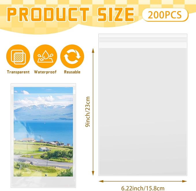 VOKOY 200 Pack Cellophane Bags Self Sealing, Resealable Clear Plastic Sleeves - Image 2
