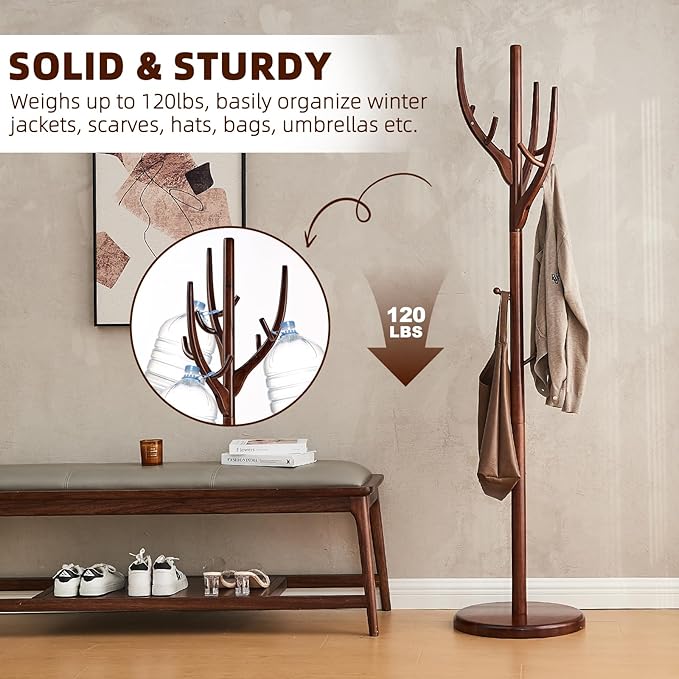 Uniclinens Coat Rack Freestanding Solid Wood Coat Tree Standing with 12 Hooks, Coat Rack Stand Creative Tree Branch-look (Walnut)-DeskLoop Office