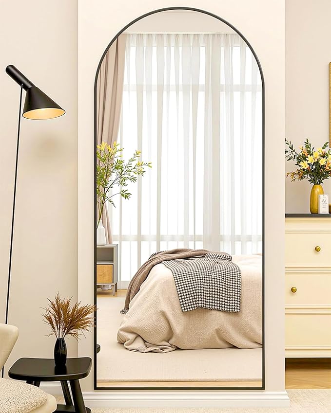 Full-Length Floor Mirror with Stand, 71"x32" Arched Style Full Body Standing Mirror for Bedroom, Living Room, Gym, Dorm - Shatter-Resistant & Easy Assembly, Black-DeskLoop Office