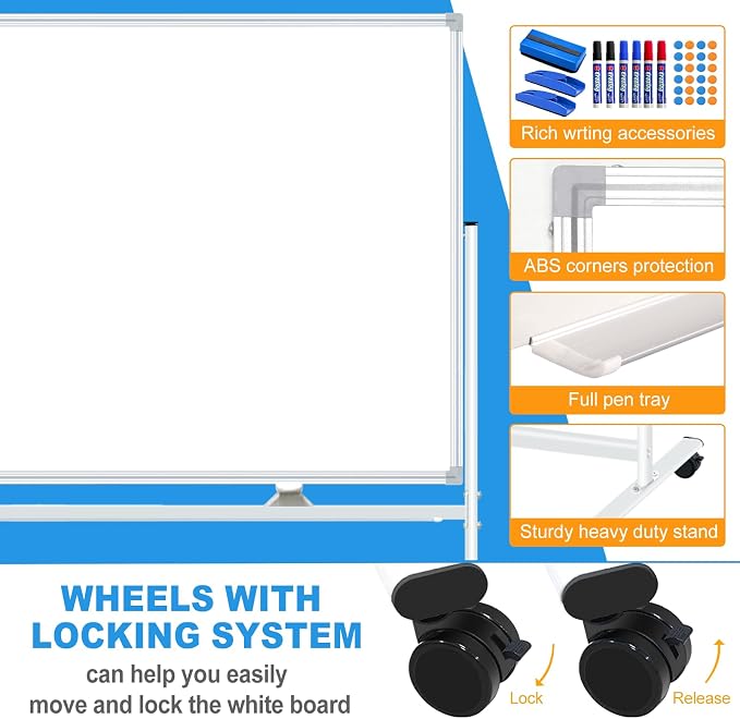 BSTPCOO Large Double-Sided Magnetic Mobile Whiteboard 96" x 48", Rolling - Image 4