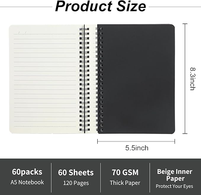 miikoul 60 Packs A5 Spiral Notebooks, Black Ruled Notebooks Bulk, 8.3"×5.5", 60 Sheets/120 Pages, Hardcover Lined Journal Notepad Travel Notebooks for Office and Back to School Supplies-DeskLoop Office
