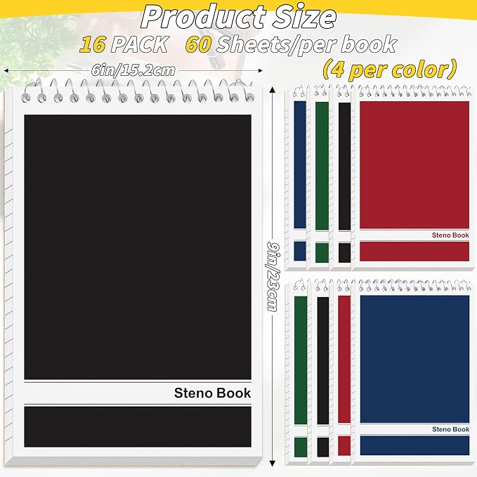 16 Pack Steno Pads 6 x 9 in Top Spiral Notebook Bulk Pack 4 Classic Color Note - Image 2