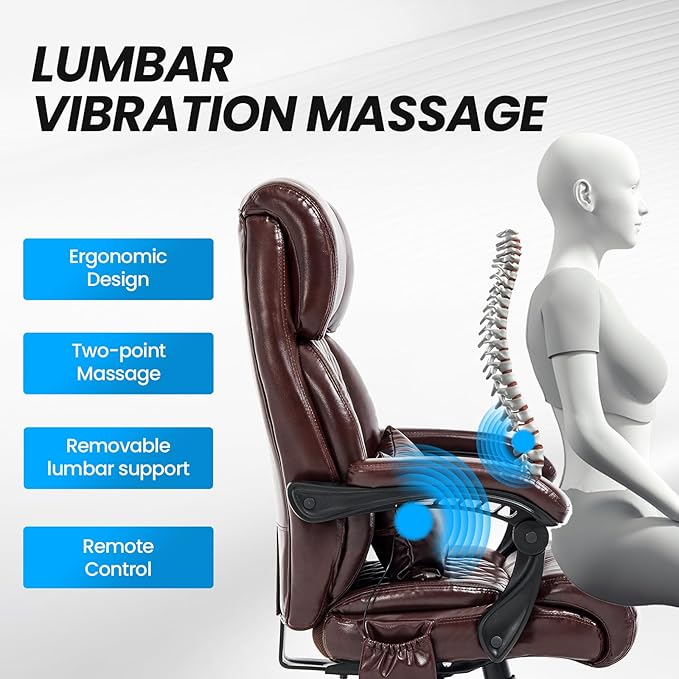 Lumbar Massage Office Chair, 500LBS Big and Tall Office Chair, Heavy Duty Ergonomic Executive Reclining Chair with High Back and Lumbar Support, Brown-DeskLoop Office