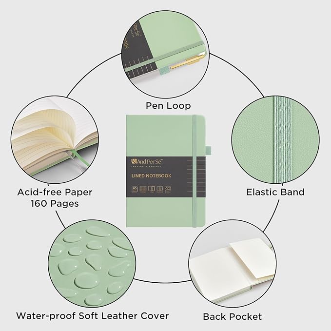 A5 Lined Leather Journal and Pen Set, Hardcover Notebook with Pen, 160 Pages 100gsm Thick Ruled Paper for Women Men Work Business School or Home Writing, 5.7'' x 8'' (Light Green)-DeskLoop Office