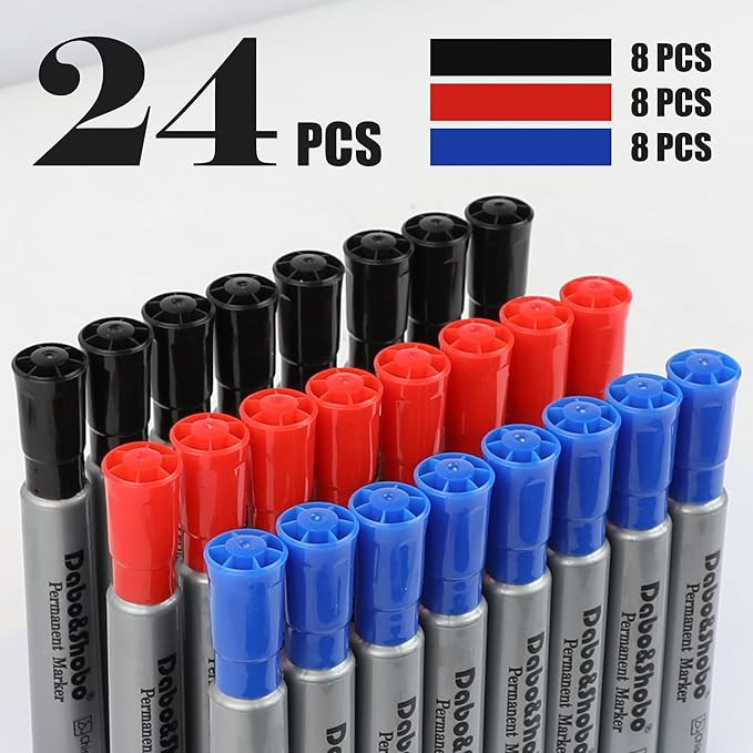 Dabo&Shobo Permanent Markers 24 Count, 3 Assorted Colors, Chisel Point Permanent Markers For Kids and Adult Coloring as Office, School Supplies-DeskLoop Office