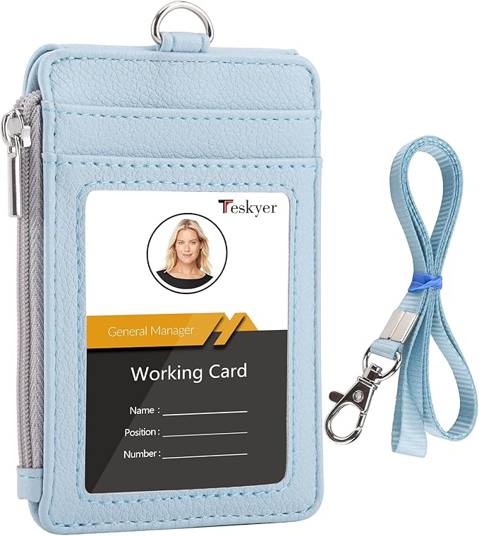 Teskyer ID Badge Holder with Lanyard, Lanyard Wallet, Lychee Cyan | 4-Card by TESKYER