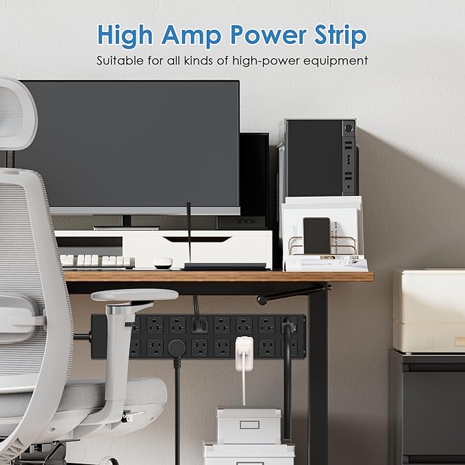 JUNNUJ Heavy Duty 20 Amp Power Strip with Surge Protection 3000J, Garage 16 Outlets Metal 12 Gauge, Desk Strips Wide Spaced, High Amp 5-15P Adapter Shop 6-20R T-Slot Industrial Outlets (16AC, 10FT)-DeskLoop Office