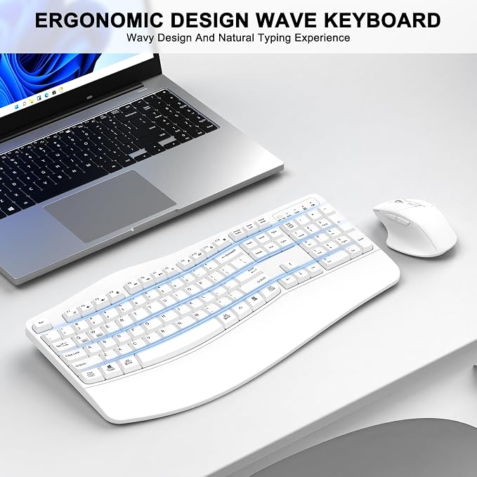 Wireless Keyboard and Mouse Combo, 2.4G Full Size Wave Keys Ergonomic Keyboard - Image 2