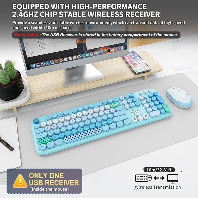 FOPETT Wireless Keyboard and Mouse Combo - 2.4G Full-Sized Cute Colorful Retro Keyboard with Round Keycaps 104 Keys Typewriter Keyboard for Laptop/Windows/PC-Blue Colorful-DeskLoop Office