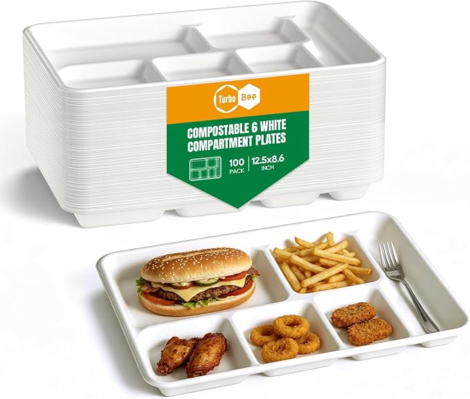 Turbo Bee Compartment Paper Plates, Heavy Duty Bagasse Serving Plates by TurboBee