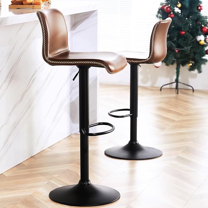 HeuGah Swivel Bar Stools Set of 2, Adjustable Counter Height Barstools with Back, Brown Faux Leather Bar Chairs for Kitchen Island (Brown, Set of 2 (24'' to 32''))-DeskLoop Office