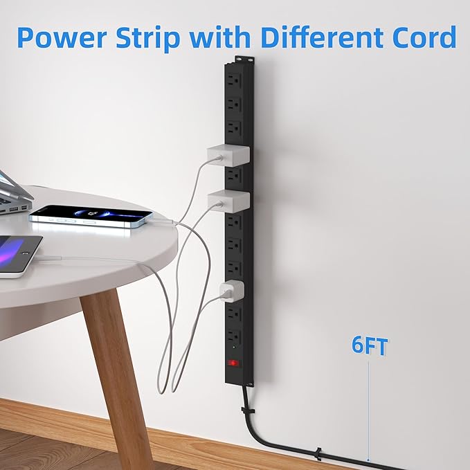 12 Outlet Long Power Strip with 15A Circuit Breaker,Black Wall Mount Heavy Duty Power Strip with 6FT/14AWG/15A/125V Extension Cord for Industrial,Garge,Office,Home and School,Black(6FT)-DeskLoop Office