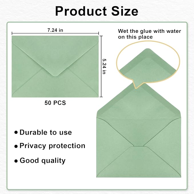 50 Pack A7 Envelopes, Sage Green Greeting Card Envelopes Self Seal, 5.24 x 7.24 - Image 3
