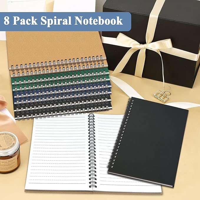 GINMLYDA Small Spiral Notebook A5, 8Pack 120 Lined Pages 8.25x5.5 Inches Spiral Journal Kraft Cover Notebooks & Writing Pads for School Home Office Aesthetic Sketch Drawing Note-DeskLoop Office