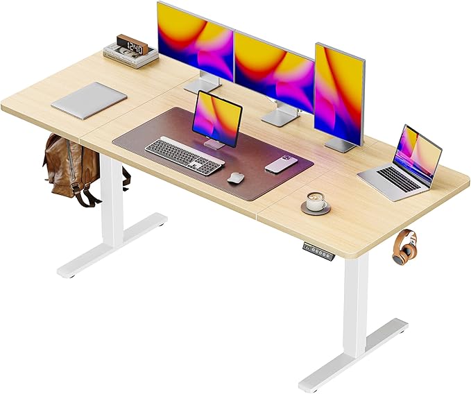 Huuger 63 x 28 Large Electric Standing Desk, Height Adjustable Computer Desk, 27.6" Deep Desktop, Stand up Gaming Office Table with 2 Hooks, 3 Preset Heights, for Home Office, Oak-DeskLoop Office